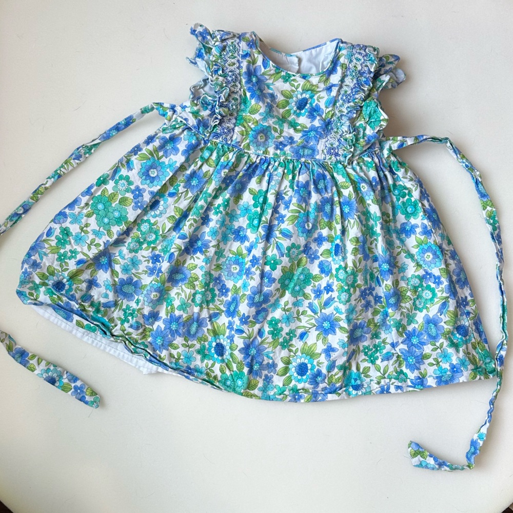 CLAIRE AND CHARLIE POP BLUE/GREEN FLOWER SMOCKED SUN DRESS 12M
